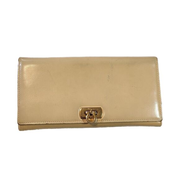 Salvatore Ferragamo Khaki Leather & Gold Gancini Long Bi-Fold Vintage Wallet - Picture 1 of 10